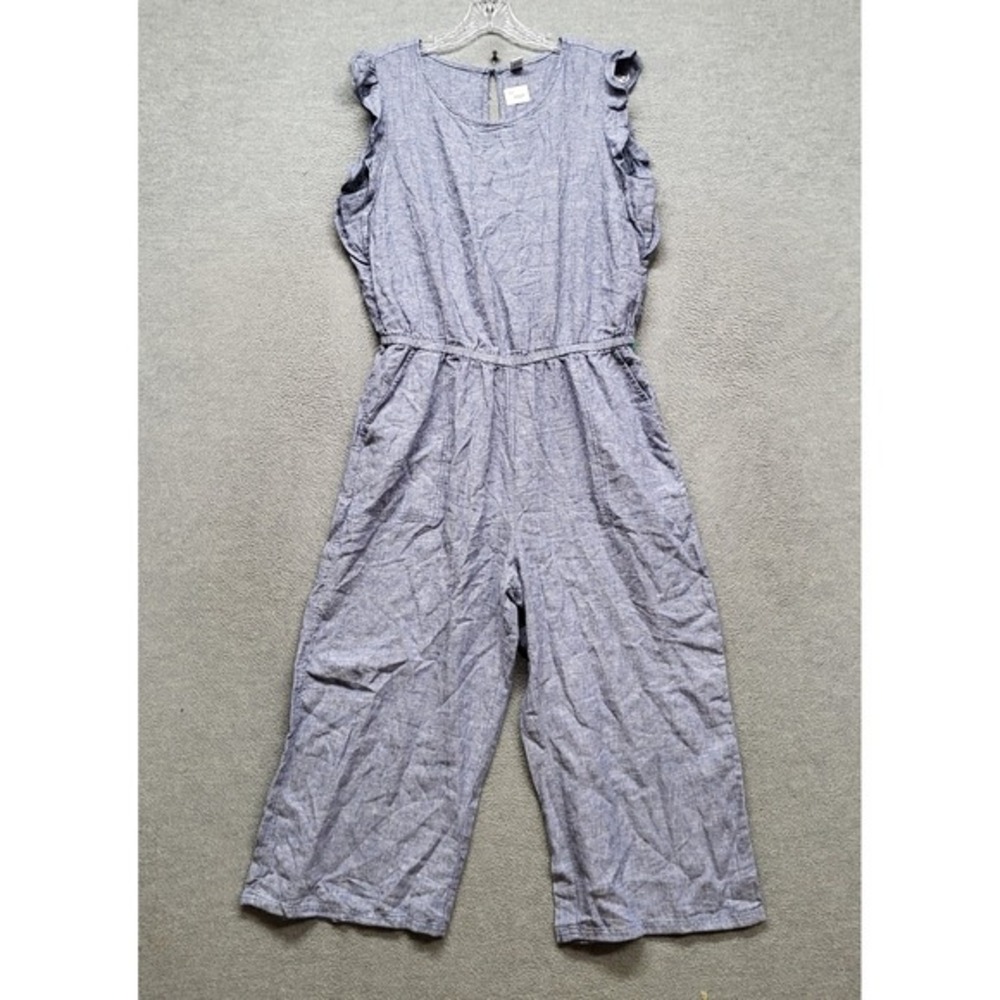 Old Navy Women Jumpsuit‎ L Blue Cotton Linen Ruffle Sleeveless